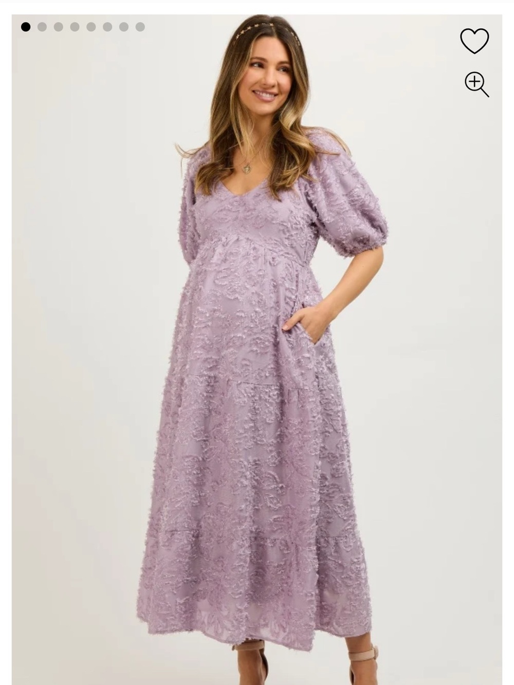 PinkBlush Maternity Lavender Fringe Textured Short Puff Sleeve Midi Dress